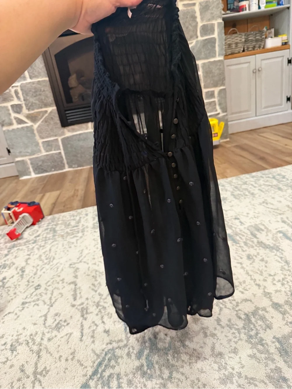 Free People Ready to Run Sheer Smocked Dot Georgette Top XS Black